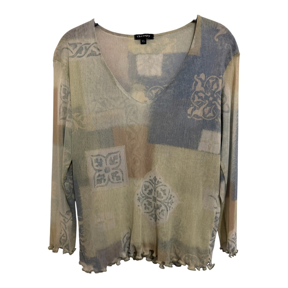 Y2K Mesh Top Women's Size XL Green Blue Patchwork Top Fairy 90's Whimsigoth - Picture 12 of 12